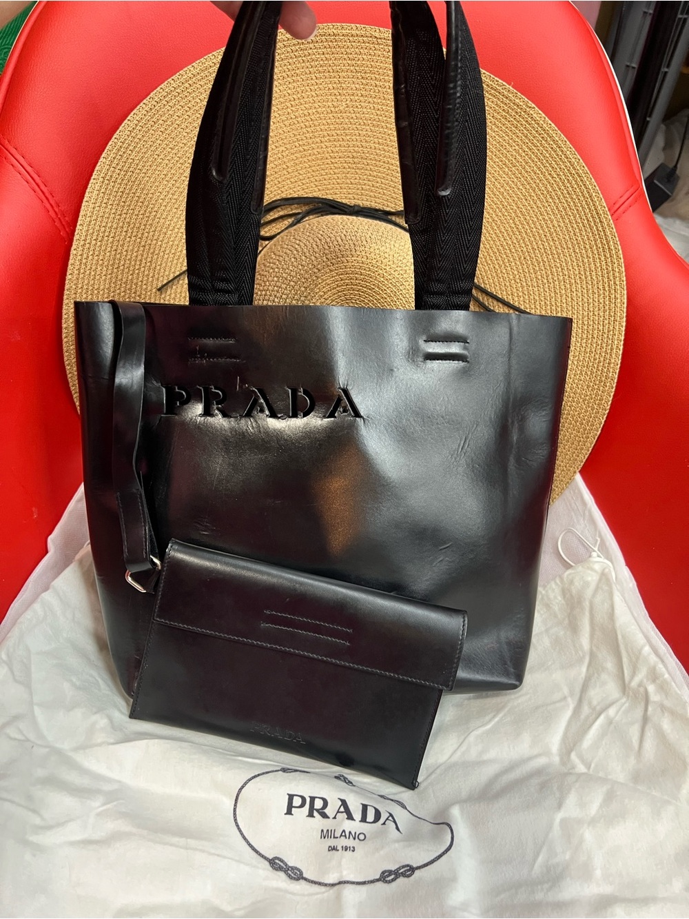 Prada Black Leather Tote with Matching Pouch